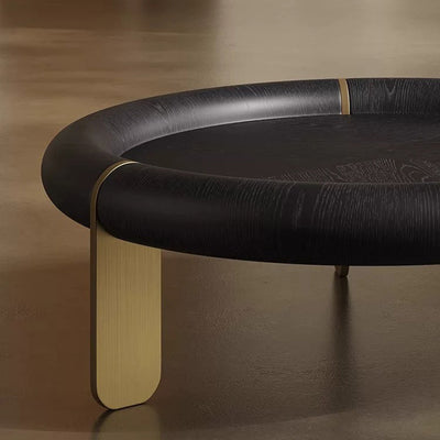 Round Black Oak Coffee Table With Brushed Brass Stainless Steel Legs - Vintage Low Accent Table For Living Room