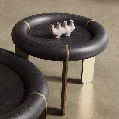 Round Black Oak Coffee Table With Brushed Brass Stainless Steel Legs - Vintage Low Accent Table For Living Room