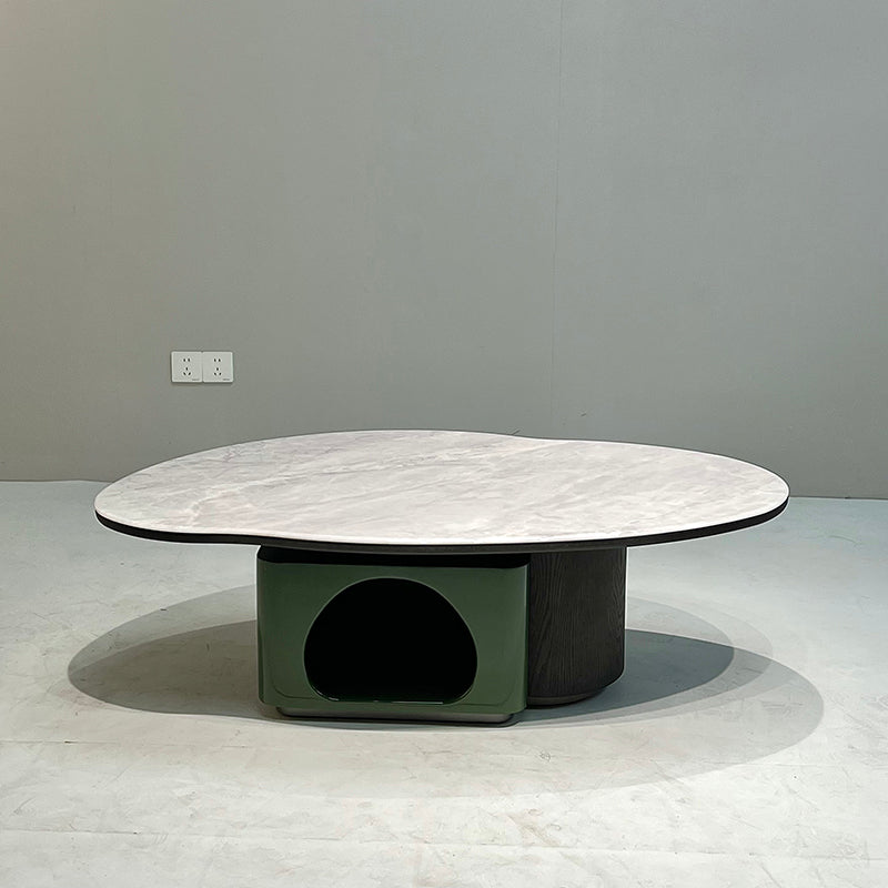 Oval Shape Sintered Stone Solid Wood Coffee Table - Scandinavian Unique Hollow Base End Table For Living Room