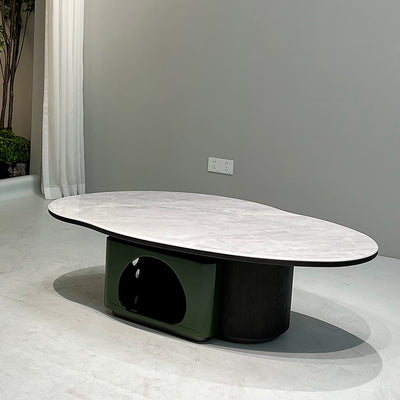 Oval Shape Sintered Stone Solid Wood Coffee Table - Scandinavian Unique Hollow Base End Table For Living Room