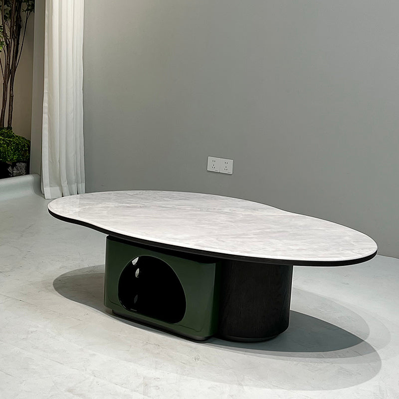 Oval Shape Sintered Stone Solid Wood Coffee Table - Scandinavian Unique Hollow Base End Table For Living Room