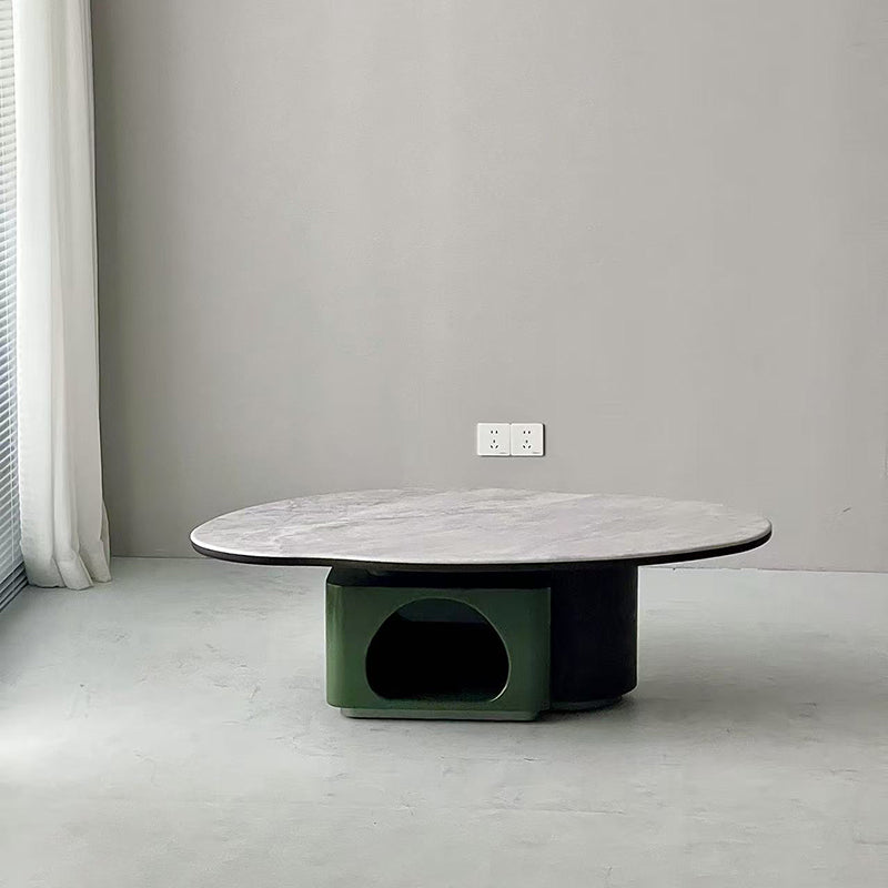 Oval Shape Sintered Stone Solid Wood Coffee Table - Scandinavian Unique Hollow Base End Table For Living Room