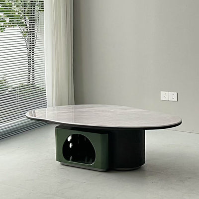 Oval Shape Sintered Stone Solid Wood Coffee Table - Scandinavian Unique Hollow Base End Table For Living Room