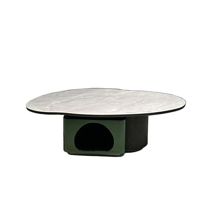 Oval Shape Sintered Stone Solid Wood Coffee Table - Scandinavian Unique Hollow Base End Table For Living Room