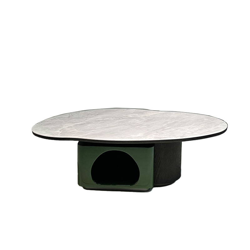 Oval Shape Sintered Stone Solid Wood Coffee Table - Scandinavian Unique Hollow Base End Table For Living Room
