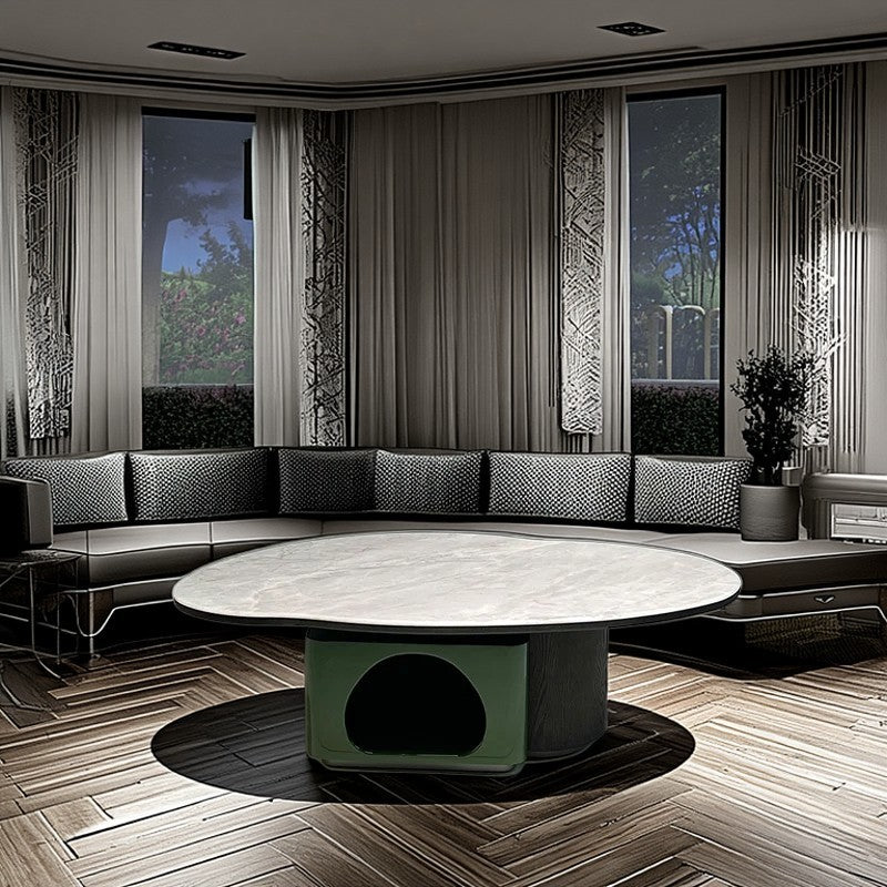 Oval Shape Sintered Stone Solid Wood Coffee Table - Scandinavian Unique Hollow Base End Table For Living Room