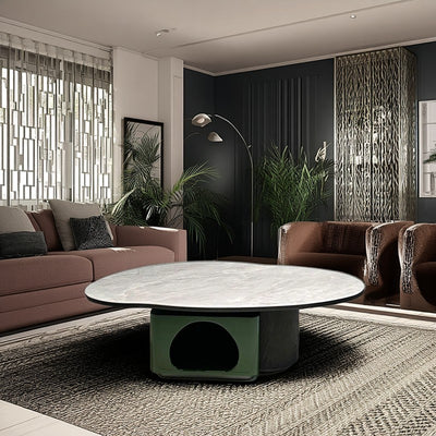Oval Shape Sintered Stone Solid Wood Coffee Table - Scandinavian Unique Hollow Base End Table For Living Room