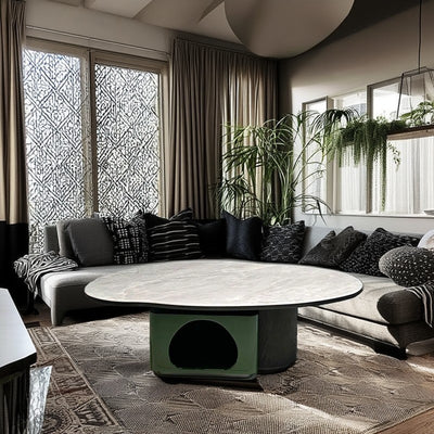 Oval Shape Sintered Stone Solid Wood Coffee Table - Scandinavian Unique Hollow Base End Table For Living Room