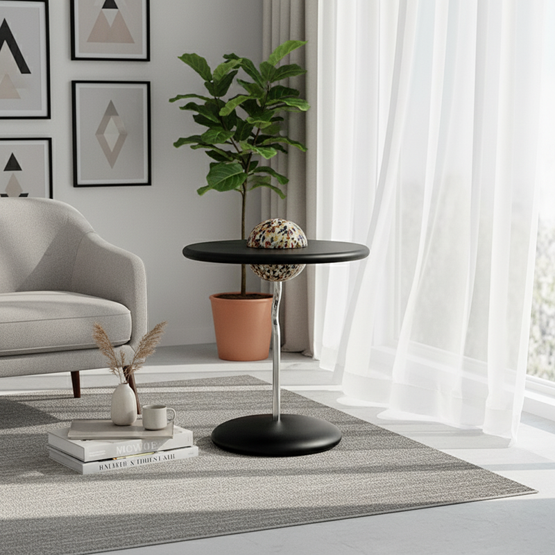 Round Curved MDF Stainless Steel End Table - Minimalist Small Accent Table For Living Room