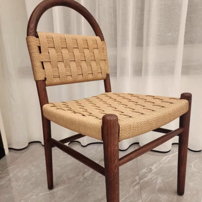Zeitgenössischer Retro-Quadrat Rechteckiger Gummibaum Kraftpapier Seilgeflecht Esszimmerstuhl Rückenlehne Ohne Armlehnen Für Esszimmer &amp; Küche 