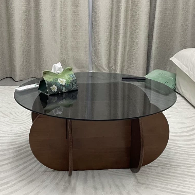 Modern Minimalist Round Solid Wood Glass Coffee Table For Living Room