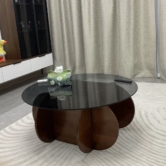 Modern Minimalist Round Solid Wood Glass Coffee Table For Living Room