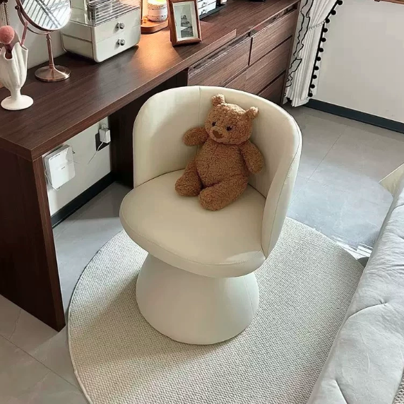 Taburete tocador giratorio 360° contemporáneo nórdico redondo de chenilla y madera maciza, con respaldo y sin brazos, para dormitorio 
