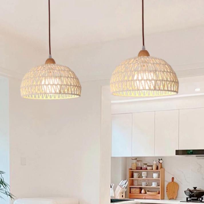 Contemporary Boho Rubberwood Faux Rattan Weaving Dome 1-Light Pendant Light For Dining Room