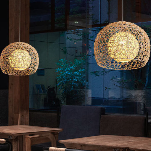 Contemporary Boho Round Faux Rattan Weaving 1-Light Pendant Light For Dining Room