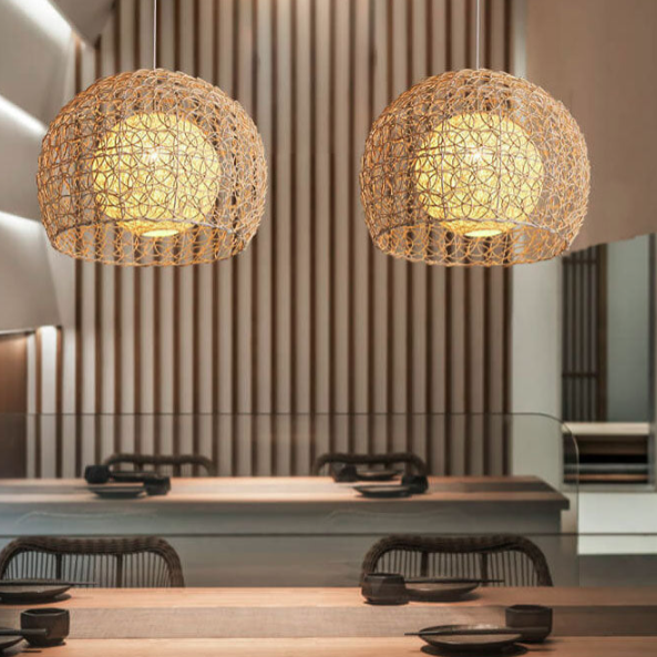 Contemporary Boho Round Faux Rattan Weaving 1-Light Pendant Light For Dining Room
