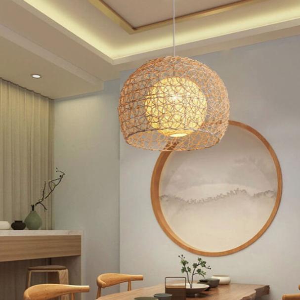 Contemporary Boho Round Faux Rattan Weaving 1-Light Pendant Light For Dining Room
