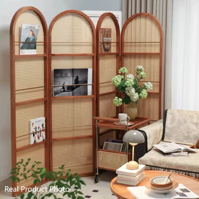 Contemporary Retro PVC Rattan Pine Wood Finish Movable Corner Shelf Unit Foldable 2/3/4-Panel Room Divider Storage Shelves For Living Room