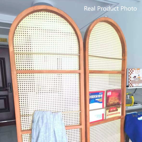 Contemporary Retro PVC Rattan Pine Wood Finish Movable Corner Shelf Unit Foldable 2/3/4-Panel Room Divider Storage Shelves For Living Room