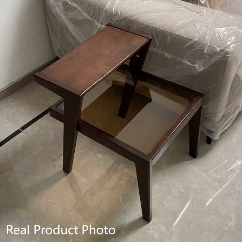 Traditional Japanese Square Glass Rubberwood Side Table 2-Tier For Living Room