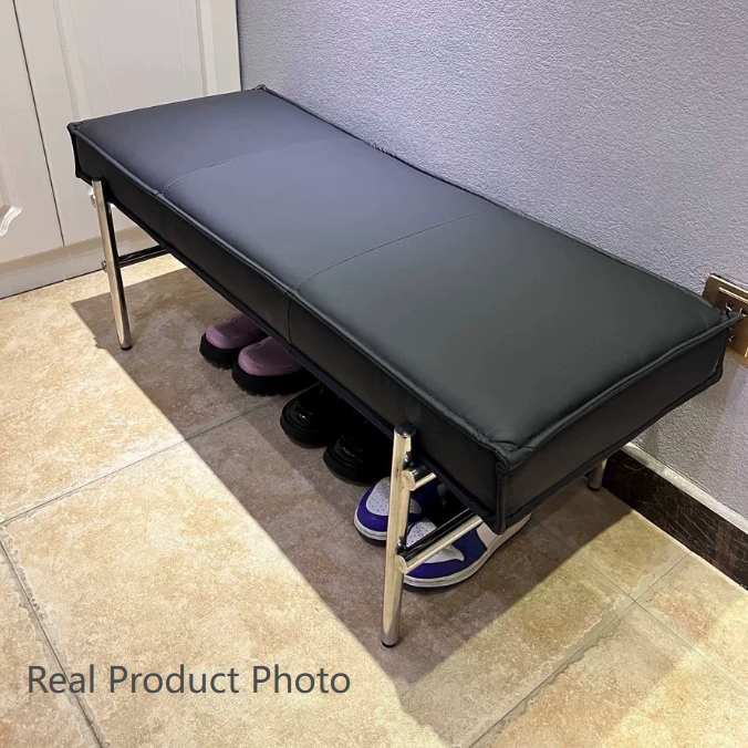 Modern Transitional Rectangular PU Leather Upholstered Stainless Steel Entryway Bench Footstool For Living Room