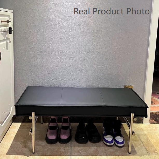 Modern Transitional Rectangular PU Leather Upholstered Stainless Steel Entryway Bench Footstool For Living Room