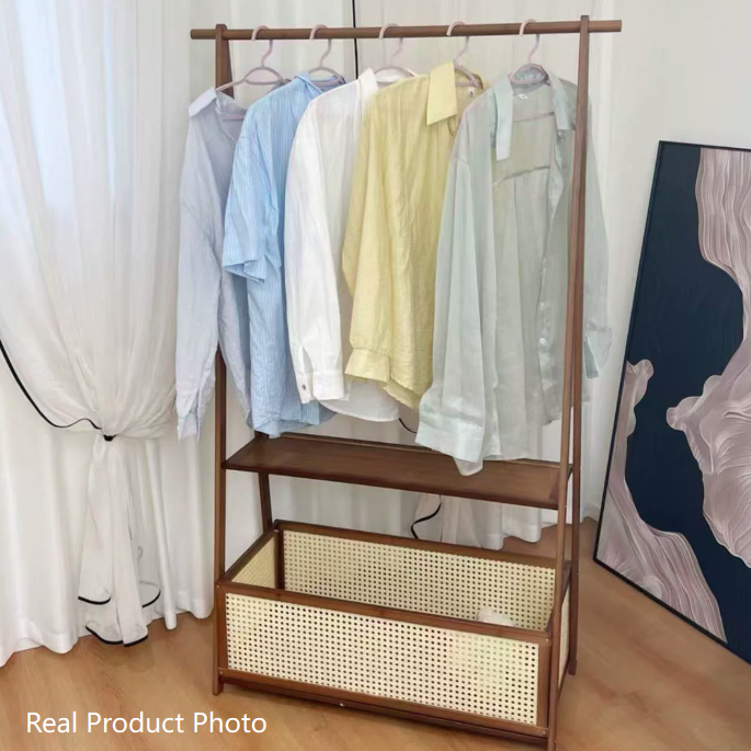 Contemporary Retro Trapezoidal Multifunctional Nan Bamboo Hall Tree Coat Rack With Wheels &amp; Plastic Rattan Laundry Basket For Entryway