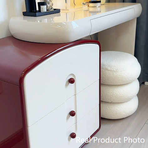 Contemporary Curved Storage Cabinet With Extendable Tabletop Makeup Vanity - Nordic Space-Saving Dressing Station With 4 Drawers For Bedroom