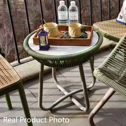 Contemporary Boho Round Sintered Stone Aluminum Alloy PE Rattan Weaving End Table For Balcony