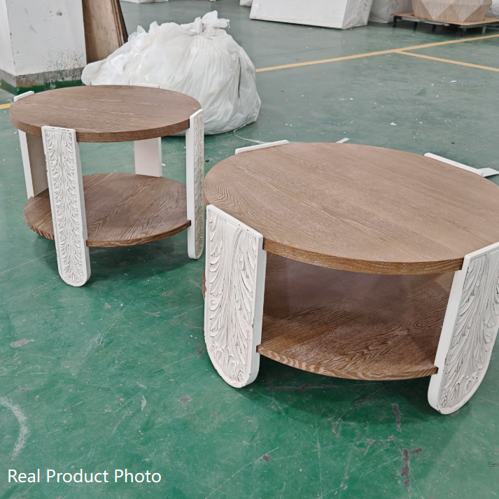 Traditional French Round Relief Carved Clear Pine Wood Coffee Table 2-Tier For Living Room