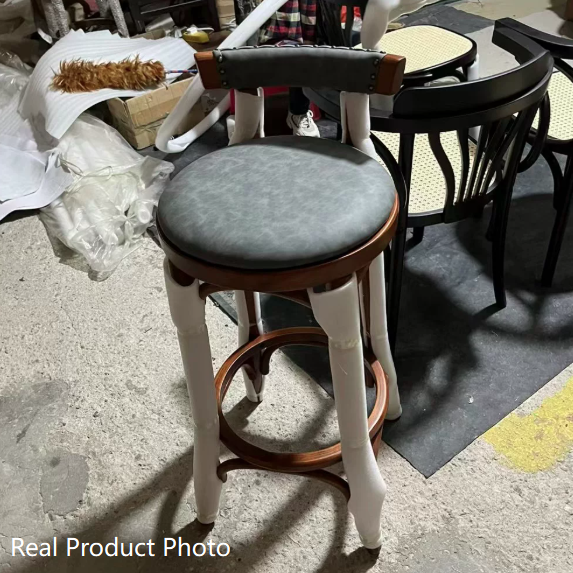 Klassischer runder Vintage-Barhocker aus Gummibaumholz und PU-Leder ohne Armlehnen mit Rückenlehne für das Esszimmer 