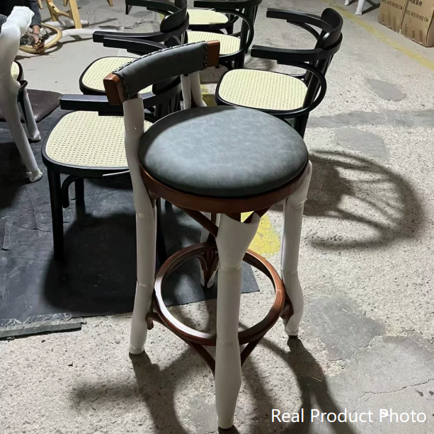 Klassischer runder Vintage-Barhocker aus Gummibaumholz und PU-Leder ohne Armlehnen mit Rückenlehne für das Esszimmer 