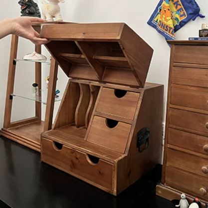 Estantería de almacenamiento de escritorio rectangular plegable de madera de cedro y contrachapado, estilo retro contemporáneo, con 4 cajones, para salón y dormitorio 