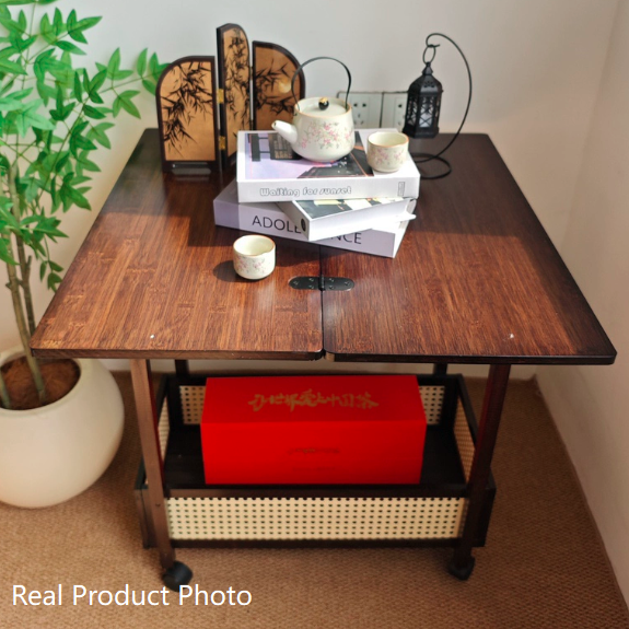 Mesa Auxiliar Extensible Movible de 2 Niveles de Bambú Nan Rectangular Vintage Tradicional de MDF Plástico Tejido Para Sala de Estar 