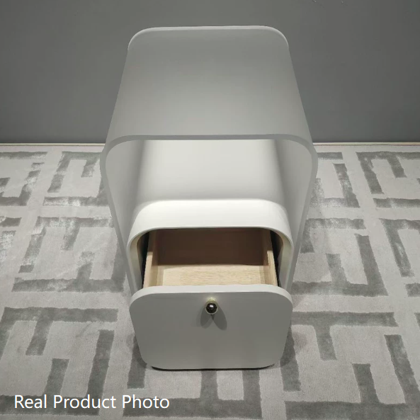 Moderner minimalistischer quadratischer Nachttisch aus Acryl, Kiefernholz und Sperrholz mit 1 Schublade fürs Schlafzimmer 