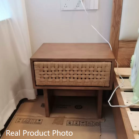 Traditional Vintage Rectangle Rubberwood Paper Rope Nightstand 1-Drawer For Bedroom