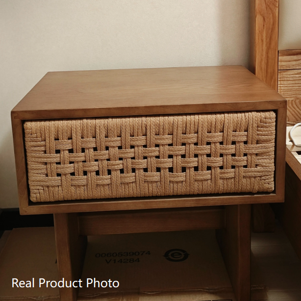 Traditional Vintage Rectangle Rubberwood Paper Rope Nightstand 1-Drawer For Bedroom