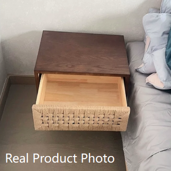 Traditional Vintage Rectangle Rubberwood Paper Rope Nightstand 1-Drawer For Bedroom