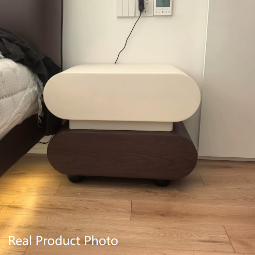 Contemporary Creative Stacked Rounded Rectangle Faux Leather Wood Sensor Light Nightstand 2-Drawer For Bedroom