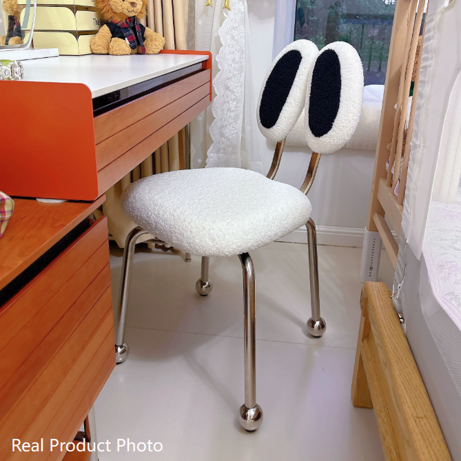Taburete de tocador rectangular contemporáneo y creativo de hierro con tela sherpa, doble respaldo ovalado, sin brazos y giratorio para dormitorio 