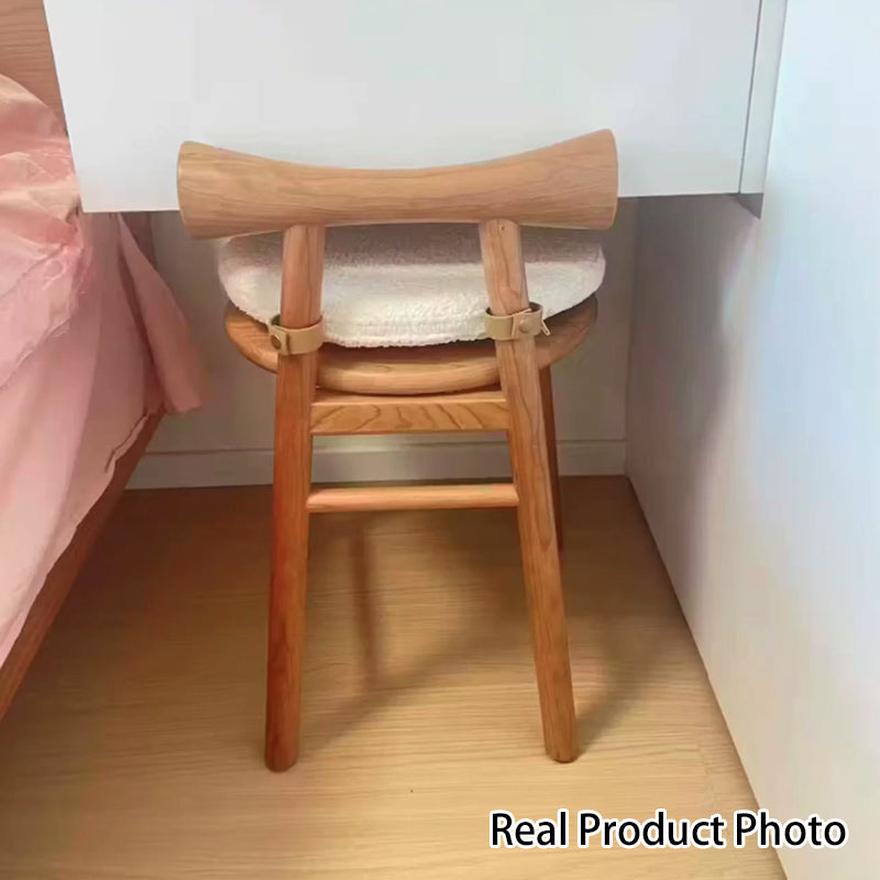 Taburete tocador redondo de madera de estilo moderno y sencillo con tela sherpa, respaldo y reposapiés para dormitorio 