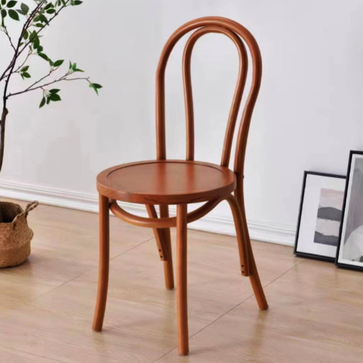 Contemporary Retro Faux Rattan Rubberwood Round Arched Dining Chair Backrest For Dining Room