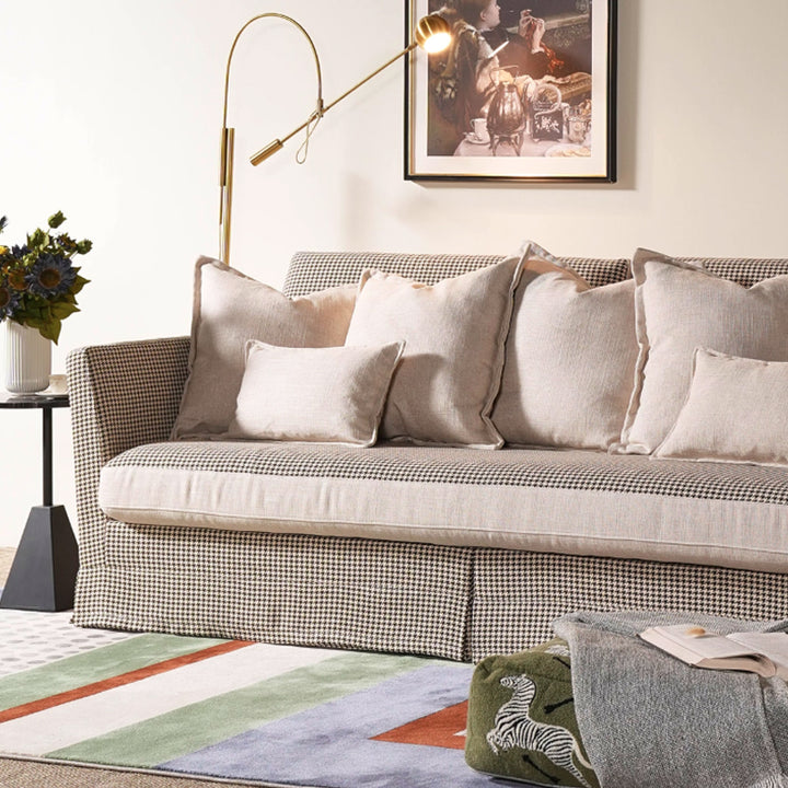 Classic Houndstooth Pattern Birch Wood Sofa – Minimalist Understated Elegant Sofa with 3/4 Seater for Living Room
