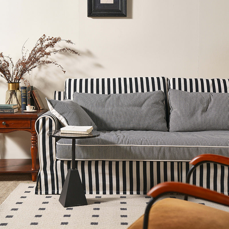 Sofá de madera de abedul con tapicería de poliéster de patrón a rayas audaces - Sofá de tacto suave vintage con 3/4 plazas para sala de estar 