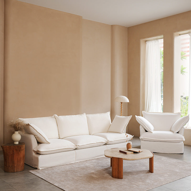 Sofa en bois de bouleau blanc perle – Banquette style coussin minimaliste avec 2/3 places pour salon 