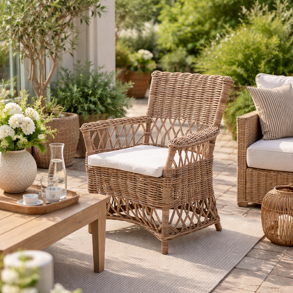 Chaise de salle à manger en rotin côtier - Dossier et accoudoirs de chaise en rotin indonésien tressé à la main pour jardin et terrasse extérieure 