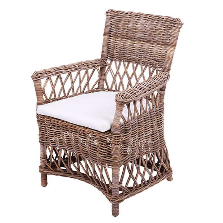 Chaise de salle à manger en rotin côtier - Dossier et accoudoirs de chaise en rotin indonésien tressé à la main pour jardin et terrasse extérieure 