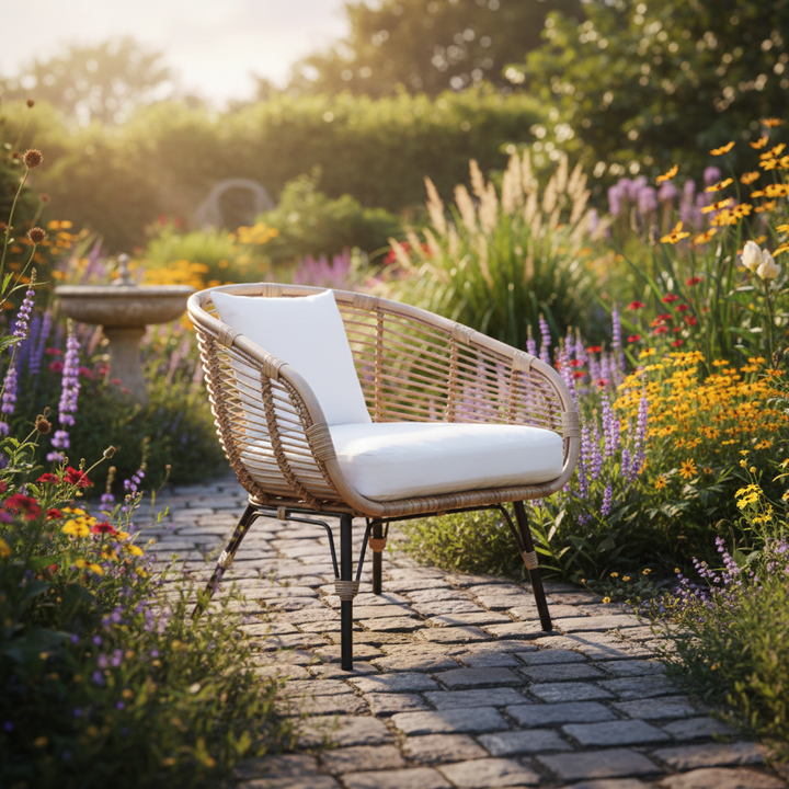 Chaise d’appoint bohème absorbant l’humidité - chaise de jardin robuste en rotin et fer stable pour jardin et patio extérieur 