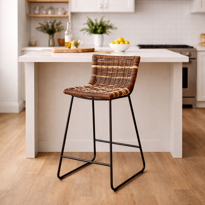 Bauernhaus Rattan Barhocker - Einfach zu manövrierender Rattan-Kühlsitz Bar Esszimmerhocker für Esszimmer & Küche 