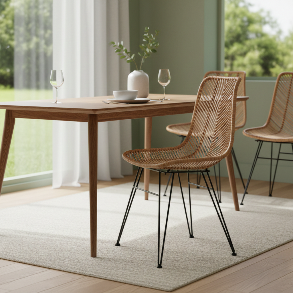 Coastal Rattan Dining Chair - Hand-Woven Feather-Leaf Texture &amp; Iron Frame Chair For Dining Room &amp; Kitchen